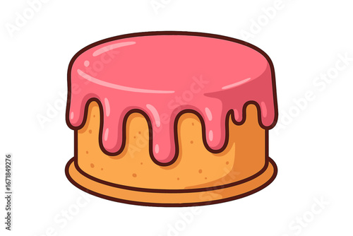 Cartoon cake vector illustration with pink glaze. Delicious sweet dessert icon for birthday party or celebration. Simple pastry, bakery or confectionary graphic element.