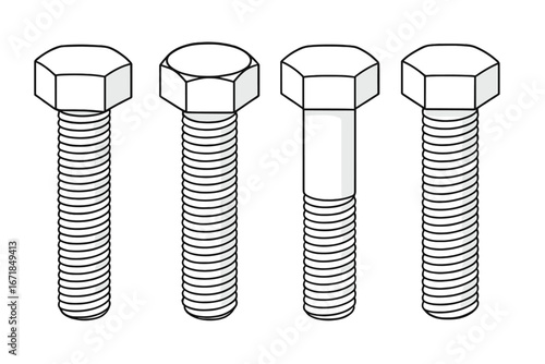 Set of hex bolts vector illustration. Collection of various metal fasteners. Industrial steel hardware icon. Technical drawing of screw thread for construction and engineering.