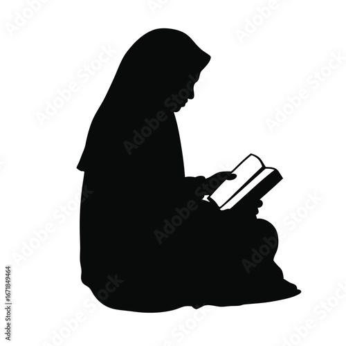 Silhouette of a woman in hijab reading a book muslim woman