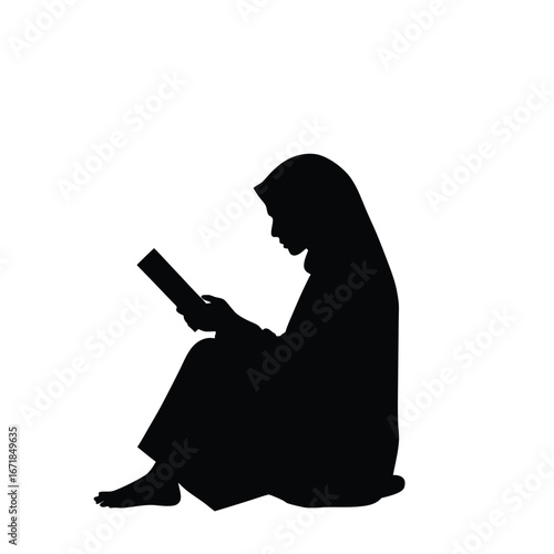 Silhouette of a woman in hijab reading a book vector