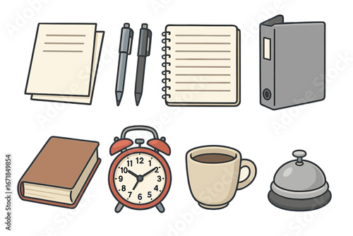 Office supplies icon set for business and study. Vector cartoon illustration of paper, pen, notebook, binder, book, alarm clock, coffee mug and hotel service bell isolated.