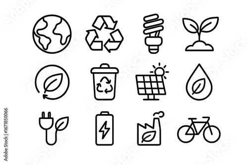 Eco-friendly outline icon set for sustainability and green energy. Vector collection of environmental symbols like recycling, solar panel, planet earth, and renewable power.