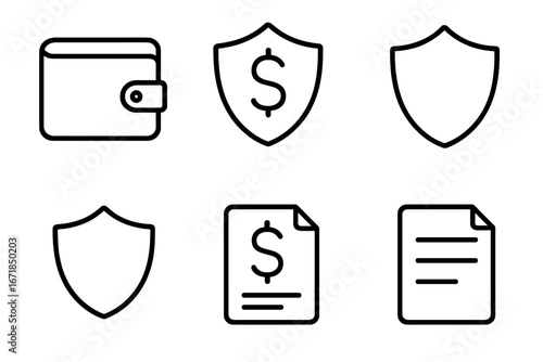Finance security outline icon set. Money protection, financial safety and insurance concept. Vector wallet, shield with dollar, document, bill, contract and payment icons.