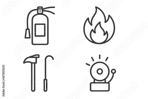 Fire safety line icon set. Firefighter equipment outline symbols. Emergency evacuation plan elements. Extinguisher, flame, alarm bell and rescue tools vector collection.