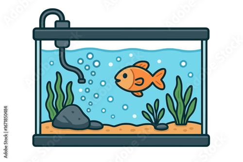Fish tank with goldfish pet. Vector cartoon aquarium illustration. Aquatic life concept with water, bubbles, filter, and seaweed. Underwater animal care and home habitat.