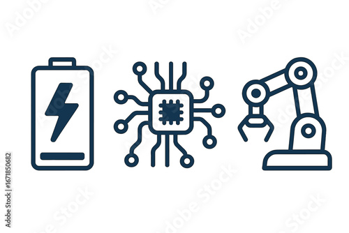 Automation and technology icon set. Battery power, CPU microchip circuit and industrial robotic arm. Vector illustration for manufacturing, engineering and robotics concept.