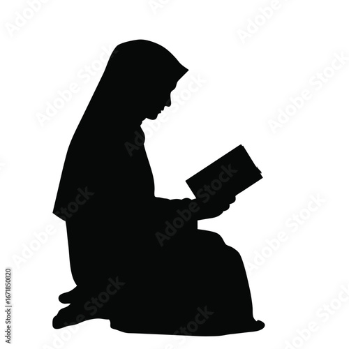 Silhouette of woman in hijab reading a book vector 1
