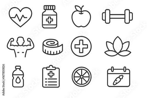 Health and wellness line icon set. Medical, fitness, and lifestyle concepts. Vector icons for gym, yoga, healthy food, diet plan, cardiology, and healthcare illustration.