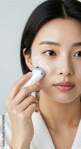 A young Korean woman applying cream to her face and using a beauty device to care for her skin.