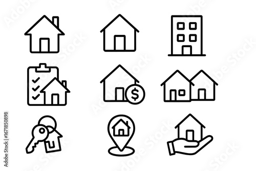 Real estate and property line icon set. House, building, mortgage, investment, and home ownership symbols. Vector outline icons for sale, rent, location, contract, and agent.