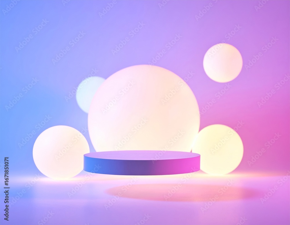 Fototapeta premium Abstract Purple Pedestal Surrounded by Luminous Spheres in a Soft Lit Studio Setting