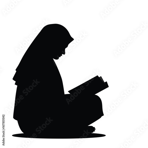 Silhouette of woman in hijab reading a book vector