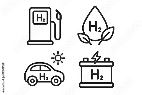 Hydrogen energy vector icon set. H2 green gas fuel symbols for a sustainable future. Eco friendly alternative energy concept. Car, station pump, battery, and water drop icons.