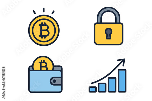 Set of icons representing cryptocurrency, security and finance concepts. Digital assets and investments. Bitcoin, wallet, lock and growth chart. Vector cartoon illustration.