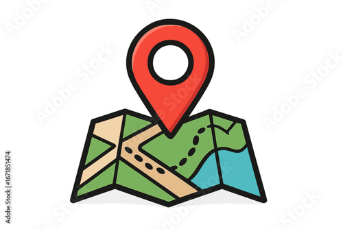 Location pin on a folded map. GPS navigation, destination point, and route tracking concept. Vector graphic for mapping applications, travel, and tourism. Geolocation marker.