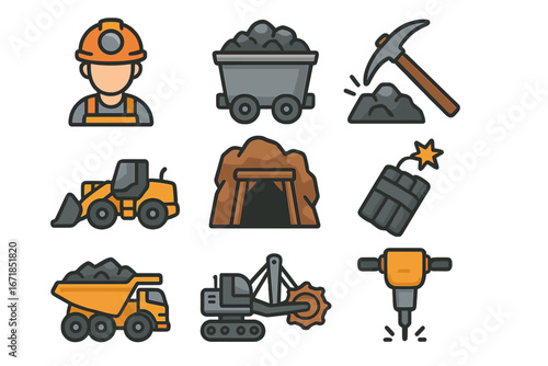 Mining icons set. Miner, pickaxe, dynamite, and heavy machinery for coal extraction. Industrial equipment symbols. Vector cartoon illustration of mineral quarry elements.