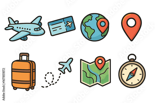 Travel icons set for air travel and navigation. Airplane, flight ticket, globe, map pin, compass, and luggage. Vector cartoon illustration for tourism and vacation journey.