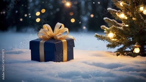 Cozy winter photo with a glowing golden Christmas tree and blue gift in the snow, warm lights in the background. Perfect for postcards, invitations, banners, festive posters, and web design.
