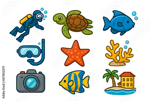 Scuba diving icon set. Underwater exploration symbols. Ocean life, activities at a tropical beach resort. Sea turtle, fish, coral, diver, camera. Vector cartoon illustration.
