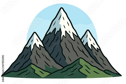 Mountain peaks vector logo. Snow capped mountain range icon for outdoor adventure, travel and hiking concepts. Nature landscape illustration for climbing, tourism, and exploration.