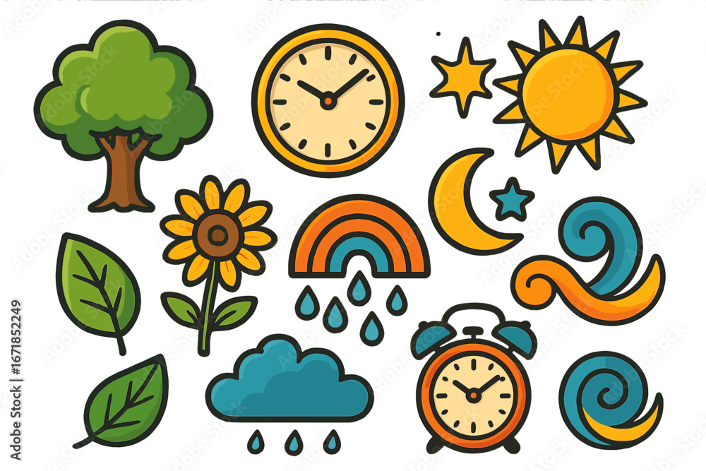 Fototapeta premium Nature and time icon set. Vector collection of sun, moon, tree, flower, clock, rainbow and weather elements. Flat cartoon design for stickers, web, and print illustration.