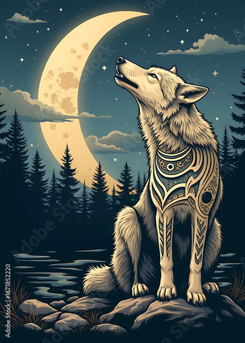 Wolf Howling at the Moon Mystical Night Scene