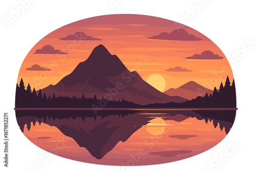 Mountain lake sunset logo. Nature landscape badge. Forest silhouette with water reflection. Serene outdoor adventure travel concept. Vector cartoon illustration sticker icon.