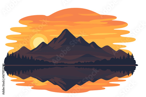 Mountain silhouette with reflections on a serene lake at sunset. Vector cartoon illustration of a natural landscape with a forest. Scenery for travel, adventure and tranquility.