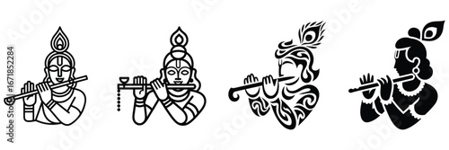Collection of four black and white illustrations of Lord Krishna playing flute hindu god