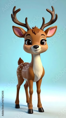 A charming, cartoon-style deer with large eyes and antlers stands against a light blue backdrop.