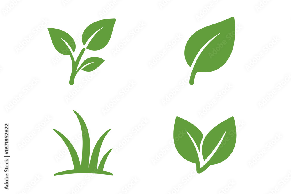 Naklejka premium Set of green nature icons. Leaf, grass, sprout symbols. Eco-friendly concept for organic, bio, and sustainable products. Vector illustration for ecology and environment.