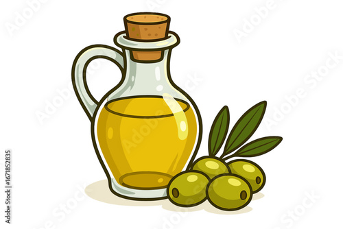 Olive oil in a glass bottle with olives. Vector illustration concept for cooking ingredient, mediterranean cuisine, healthy food, salad dressing, natural product, extra virgin.