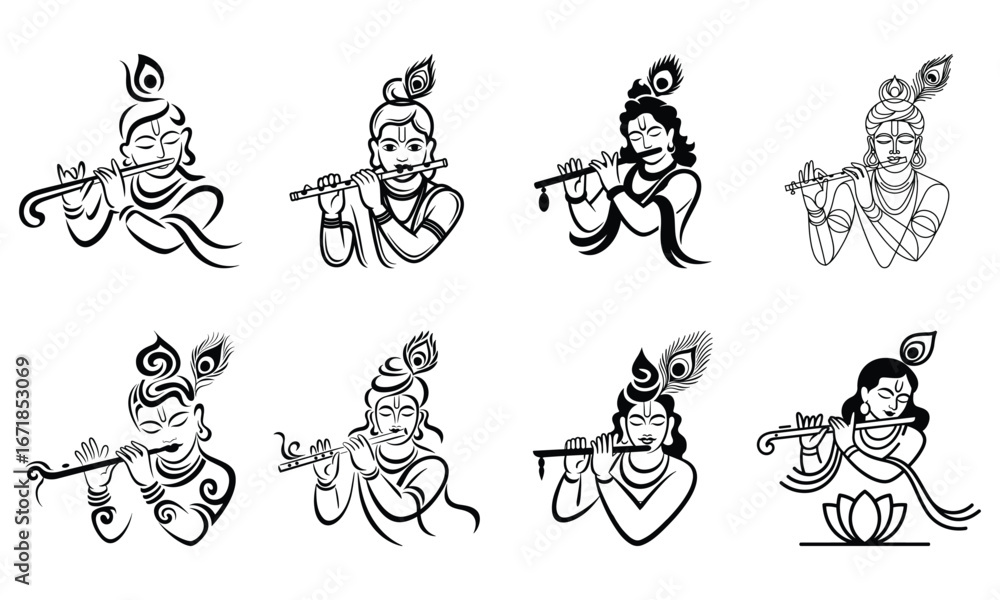 Fototapeta premium Set of eight black and white illustrations of Lord Krishna playing flute hindu god