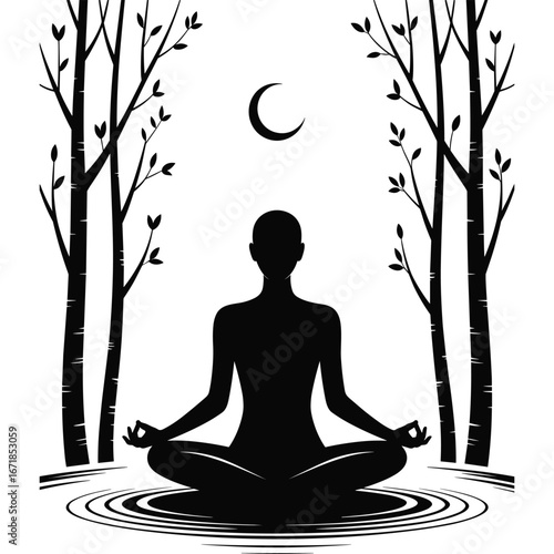 Silhouette of a person meditating under a crescent moon and trees meditation yoga