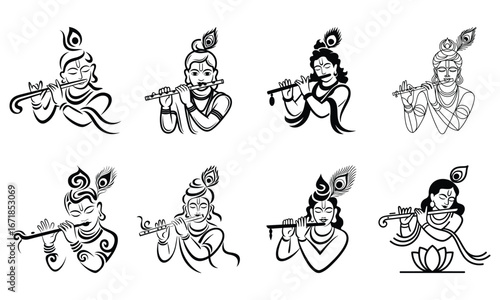 Set of eight black and white illustrations of Lord Krishna playing flute hindu god