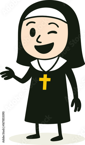 Cartoon illustration of a happy nun character winking, wearing traditional habit with cross necklace, smiling face, isolated white background.