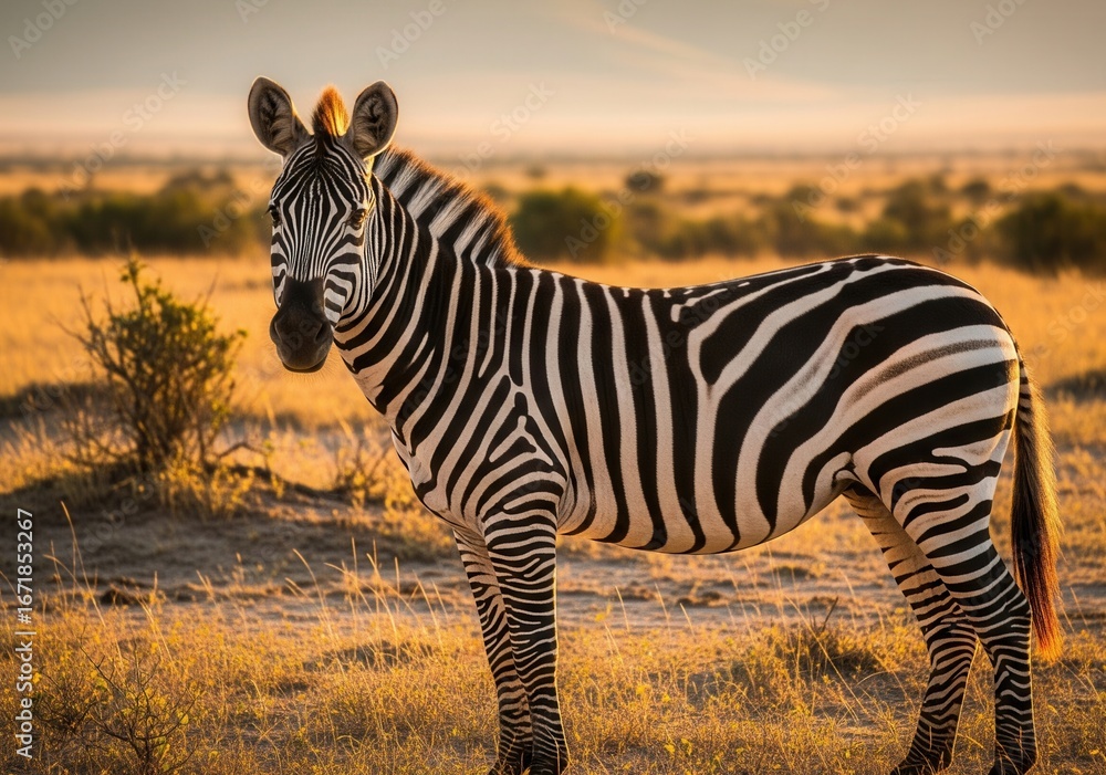 Obraz premium Zebra Standing in a Golden African Savanna at Sunset