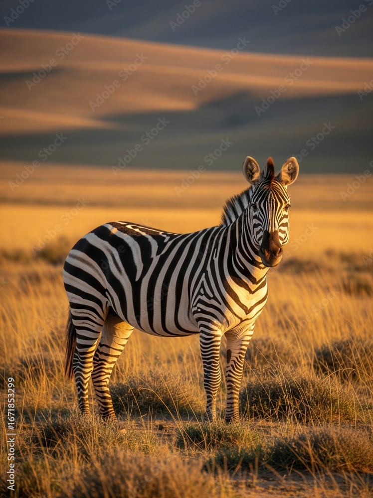 Naklejka premium Zebra Standing in a Golden African Savanna at Sunset