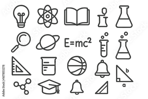 Science and education line icon set. Symbols for physics, chemistry, math, astronomy. School subjects, university study, lab research, and knowledge. Atom, book, flask, E=mc2.