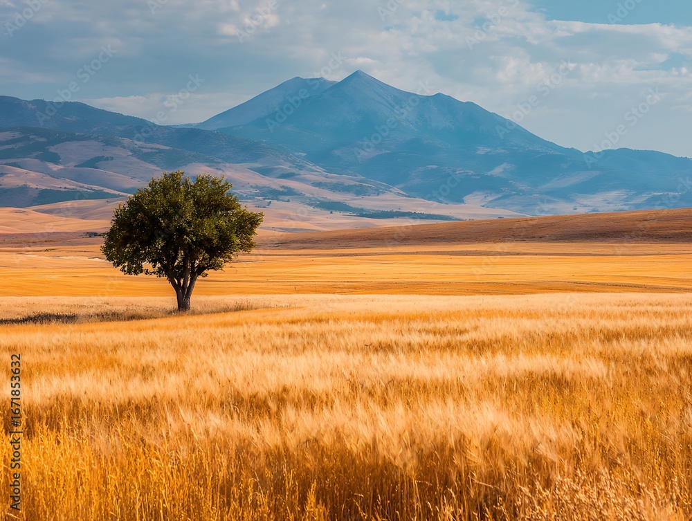 Fototapeta premium single tree standing in golden wheat field with mountainous background 