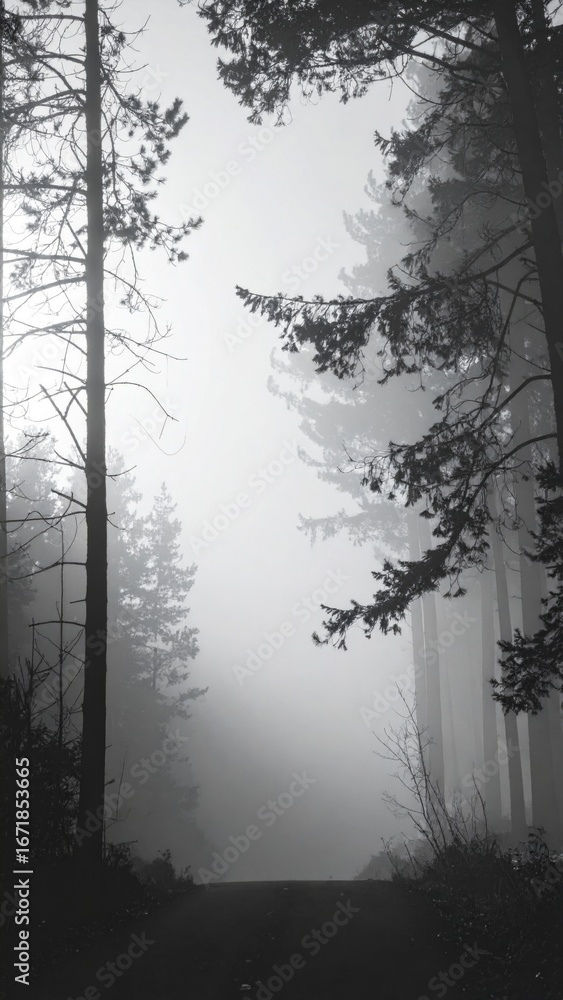 Fototapeta premium Misty Forest Path Through Tall Spruce and Pine Trees in Black and White Landscape