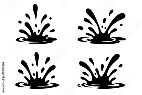 Water splash silhouette set. Black liquid drops and puddle icons. Vector illustration of dynamic fluid spray and ripple effect. Cartoon dripping, flowing ink, or paint shapes.