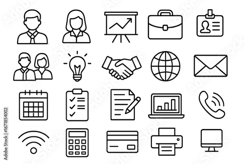 Business icon set. Collection of simple outline icons for web and mobile design. Office, finance, communication and management symbols. Vector linear pictograms for corporate use.