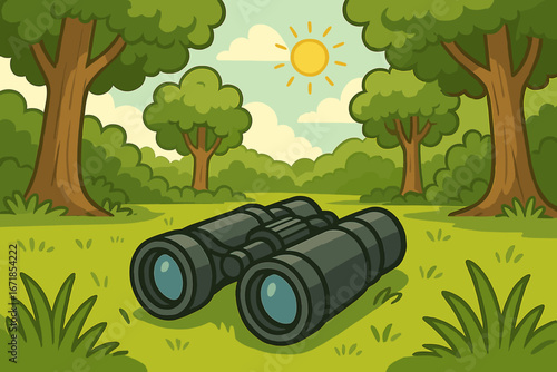 Binoculars for nature observation on a hiking trip. Summer landscape with forest, sun, and grass. Concept of exploration, travel, camping, birdwatching, discovery. Vector.