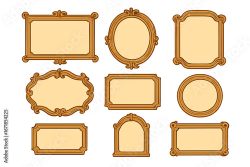 Set of blank vintage frames for customization. Ornate gold wooden borders in classic baroque rococo style. Retro antique picture or mirror frames. Vector art collection.