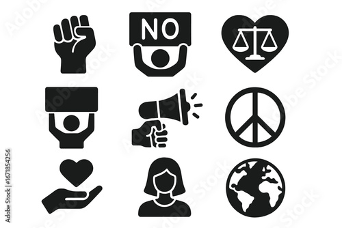 Activism protest solid icon set. Human rights and social justice symbols. Peace, equality, and demonstration vector graphics. Raised fist, megaphone, protest sign illustration.