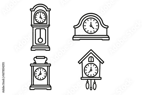 Antique clock icon set. Grandfather, mantel, carriage, and cuckoo clocks. Outline vector illustration. Time, vintage, retro, classic design elements. Watch, timer, line art symbol.