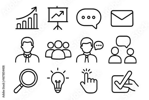Business and communication thin line icon set. Essential vector symbols for corporate use. Includes chart, presentation, teamwork, idea, search, voting, and message icons.