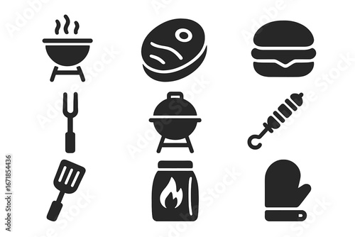 Barbecue grill solid icon set. BBQ, outdoor cooking and picnic concept. Vector glyph icons collection with steak, burger, skewer, charcoal and kitchen tools for grilling.