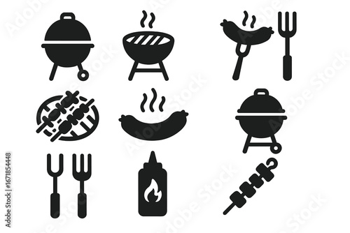 Barbecue and grilling solid icon set for outdoor cooking. Vector collection of food and equipment glyphs like grill, sausage, kebab, fork, and hot sauce for a summer party.
